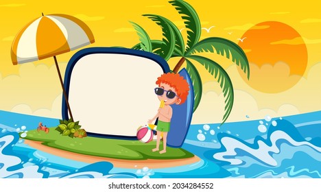 Empty banner template with kids on vacation at the beach sunset scene illustration