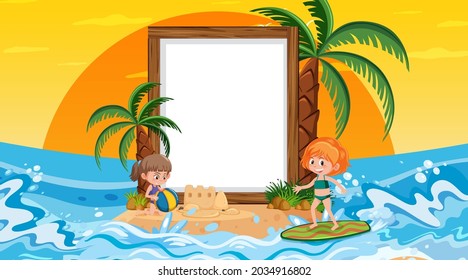 Empty banner template with kids on vacation at the beach sunset scene illustration