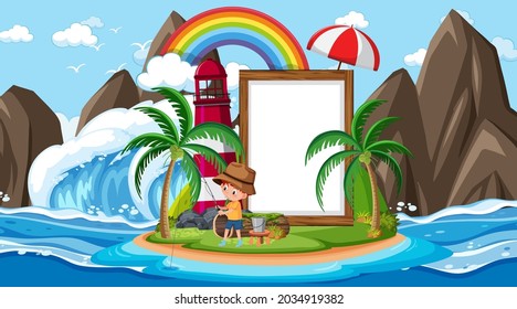Plantilla de banner vacía con niños de vacaciones en la foto de la escena diurna de la playa