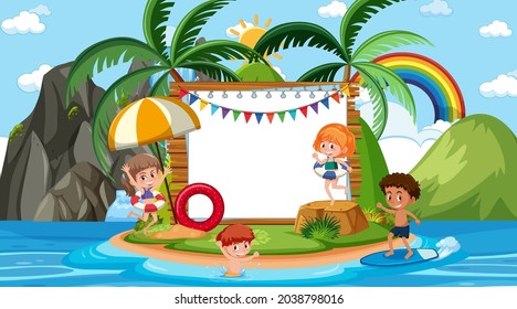 Plantilla de banner vacía con niños de vacaciones en la foto de la escena diurna de la playa