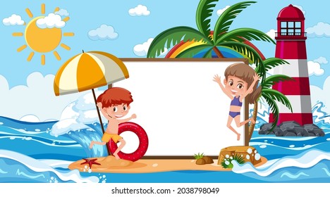 Empty banner template with kids on vacation at the beach daytime scene illustration