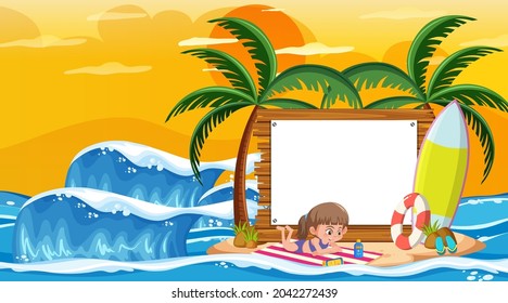 Empty banner template with kids on vacation at the beach sunset scene illustration