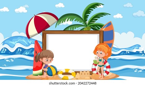 Plantilla de banner vacía con niños de vacaciones en la foto de la escena diurna de la playa