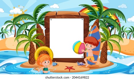 Empty banner template with kids on vacation at the beach daytime scene illustration