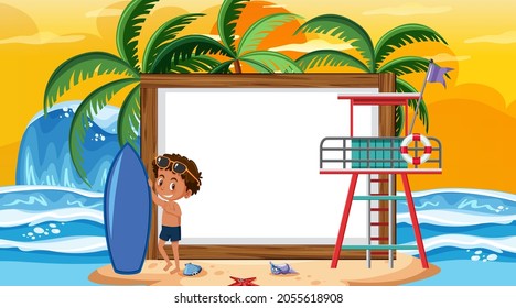 Empty banner template with kids on vacation at the beach sunset scene illustration
