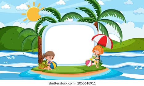 Empty banner template with kids on vacation at the beach daytime scene illustration