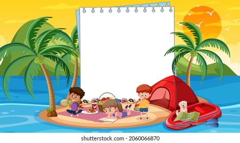 Empty banner template with kids on vacation at the beach sunset scene illustration