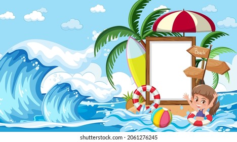 Plantilla de banner vacía con niños de vacaciones en la foto de la escena diurna de la playa