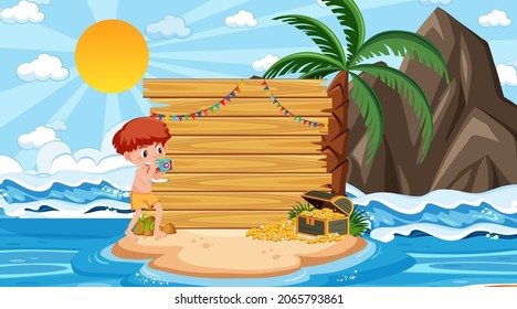 Plantilla de banner vacía con niños de vacaciones en la foto de la escena diurna de la playa