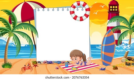 Empty banner template with kids on vacation at the beach sunset scene illustration