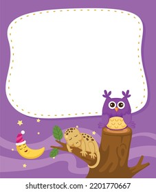 Empty banner template with at night with an owl on tree illustration