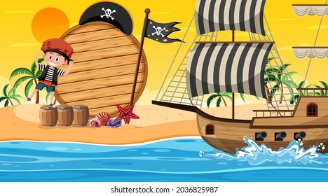 Empty banner template with a pirate boy at the beach sunset scene illustration