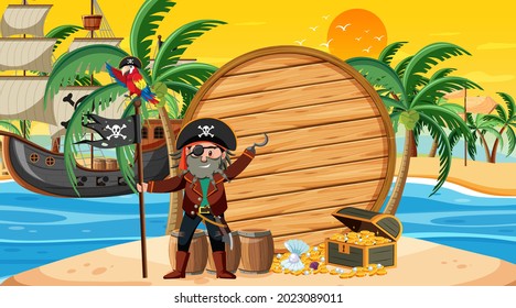 Empty banner template with pirate captain at the beach sunset scene illustration