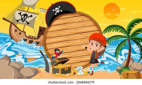 Empty banner template with pirate girl at the beach sunset scene illustration