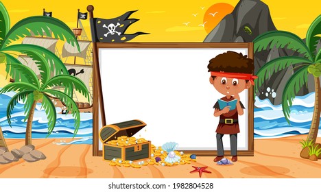 Plantilla de banner vacía con niños piratas en la ilustración de la puesta de sol en la playa