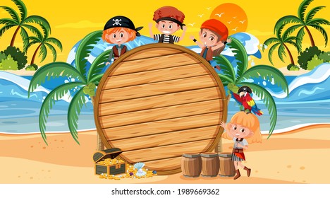 Empty banner template with pirate kids at the beach sunset scene illustration