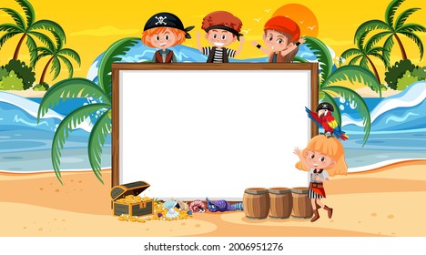 Empty banner template with pirate kids at the beach sunset scene illustration