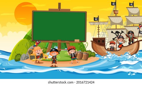 Empty banner template with pirate kids at the beach sunset scene illustration