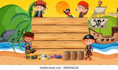 Empty banner template with pirate kids at the beach sunset scene illustration