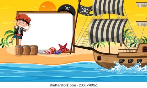 Empty banner template with pirate kids at the beach sunset scene illustration