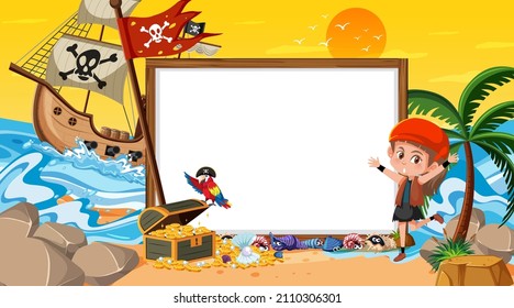 Empty banner template with pirate kids at the beach sunset scene illustration