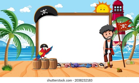 Empty banner template with pirate man at the beach daytime scene illustration
