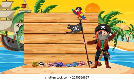 Empty banner template with pirate man at the beach sunset scene illustration