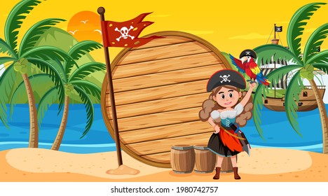 Empty banner template with pirate woman at the beach sunset scene illustration