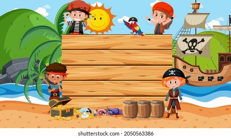 Empty banner template with pirate woman at the beach daytime scene illustration