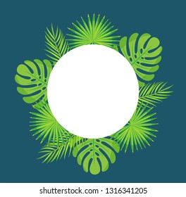 Empty banner for text, leaves exotic decoration vector. Monstera leaves and palm tree branches, tropics greenery, frame of round shape summer style