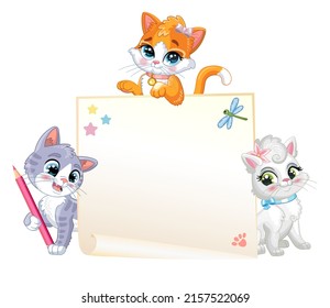 Banner vacío con tres gatitos lindos. Caricatura. Ilustración aislada del vector. Diseño infantil. Para impresión y diseño, afiches, tarjetas, pegatinas, decoración, ropa infantil, ducha de bebé e invitación