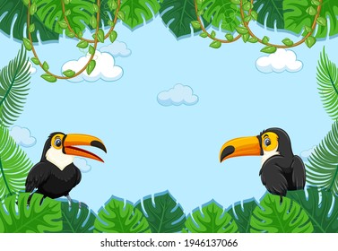 Empty banner with tropical leaves frame and toucan cartoon character illustration