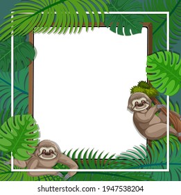 Empty banner with tropical leaves frame and sloth cartoon character illustration