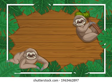 Empty banner with tropical leaves frame and sloth cartoon character illustration