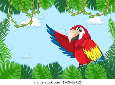 Empty banner with tropical leaves frame and parrot bird cartoon character illustration