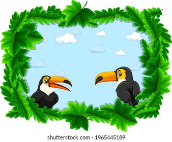 Empty banner with tropical leaves frame and toucan cartoon character illustration