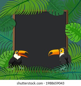 Empty banner with tropical leaves frame and toucan cartoon character illustration