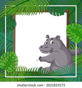 Empty banner with tropical leaves frame and hippopotamus cartoon character illustration