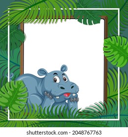 Empty banner with tropical leaves frame and hippopotamus cartoon character illustration