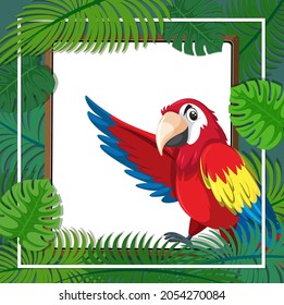 Empty banner with tropical leaves frame and parrot bird cartoon character illustration