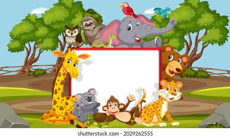 Empty banner with various wild animals in the forest illustration