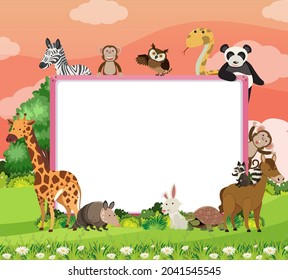 Empty banner with various wild animals in the forest illustration