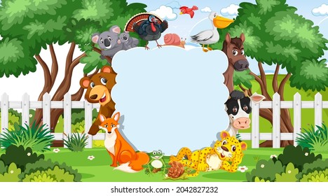 Empty banner with various wild animals in the park illustration