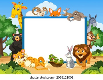 Empty banner with various wild animals in the forest illustration