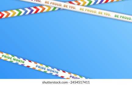 Empty banner and white barricade tapes with rainbow LGBT flag diagonal stripes for Pride Month on blue background. Template of wallpaper with seamless LGBTQ+ ribbons, stripes and copy space for text