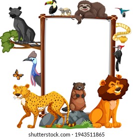 Cartel vacío con animales salvajes en ilustración de fondo blanco