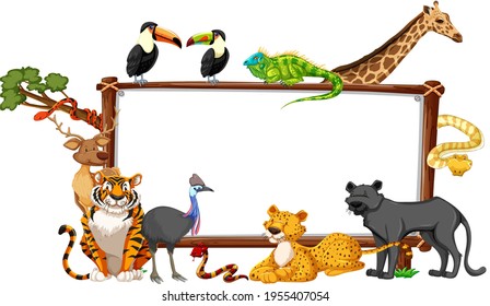 Cartel vacío con animales salvajes en ilustración de fondo blanco