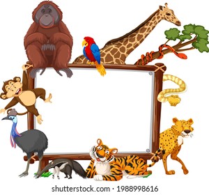 Empty banner with wild animals on white background illustration