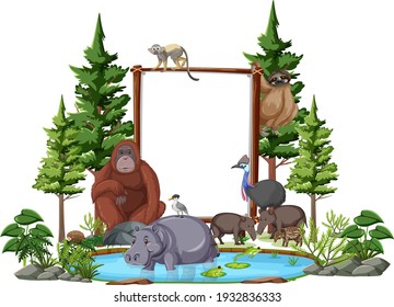 Empty banner with wild animals and rainforest trees on white background illustration