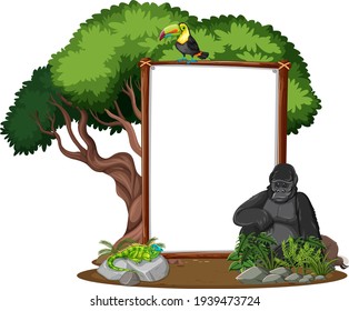 Empty banner with wild animals and rainforest trees on white background illustration